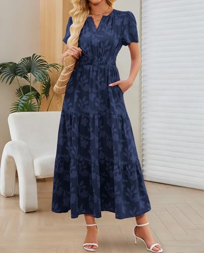 Image of Women's Maxi Dresses Boho Burnout V Neck Short Puff Sleeve Smocked Empire Waist Long Wedding Guest Semi Formal Dress Pockets