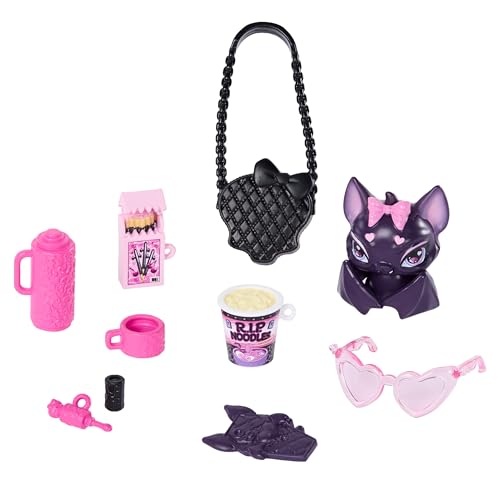 Image of Monster High Doll, Draculaura in Pink Bow Dress and Black Cardigan with Pet Bat Count Fabulous and 7 Accessories Like Ramen, Lipstick and Purse