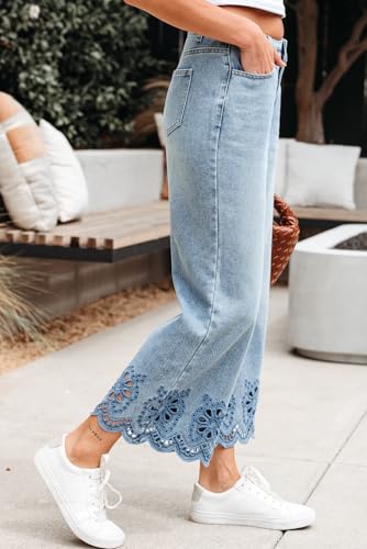 Apvirdy Embroidered Hem Jeans for Women Scalloped Hem Trendy Comfort Loose Fit Denim Pants Wide Leg High Waist Cropped Jeans3