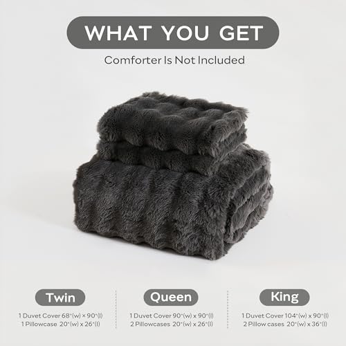 JELLYMONI Plush Duvet Cover Set - Queen Size Dark Gray Faux Fur Comforter Cover 3pcs Bedding Set Luxury Ultra Soft Striped Fluffy Duvet Cover with Zipper and 2 Pillowcases (NO Comforter) by JELLYMONI - Used condition - Image 8