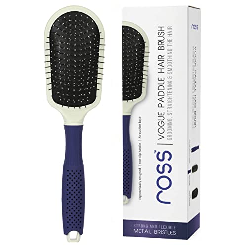 Ross Steel Bristle Paddle Hair Brush | Ball-Tipped Metal Pins with Cushioned Base for Deep Detangling, Frizz Control & Scalp Massage | Suitable for Thick, Curly & Frizzy Hair, Men & Women (Blue)