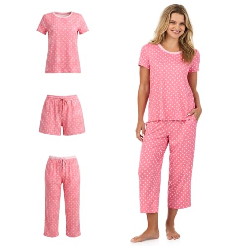 Image of Cuddl Duds 3 Piece Short Sleeve Capri Matching Lounge PJs Sets for Women | Cropped Capris Pants Boxer Shorts & Top, Sleepwear & Loungewear, Cute Sleep & PJ Set, Soft Lightweight & Breathable Pajamas