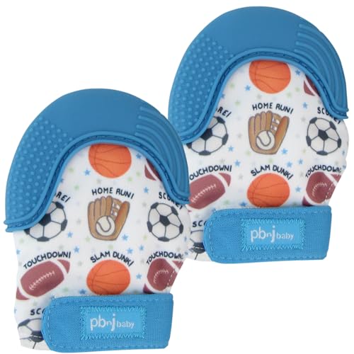 Image of PBnJ baby Silicone Infant Teething Mitten Teether Glove Mitt Toy with Travel Bag-Sports 2pk