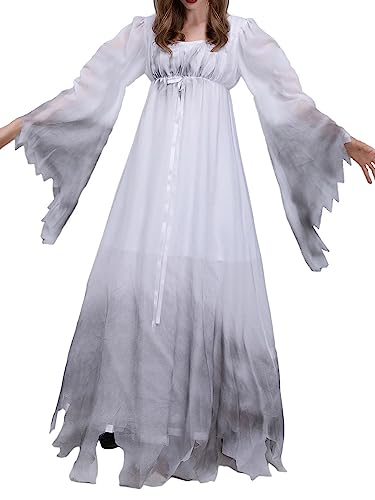 SANSIWU Womens Ghost Costume Bride Halloween Corpse Bride Cosplay Maxi Dress Party Outfit for Adult (White L)