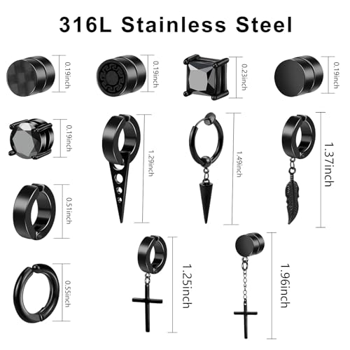ONESING 12 Pairs Black Magnetic Earrings: Clip On, Hoop & Dangle Designs - Non-Piercing Set for Men & Women2
