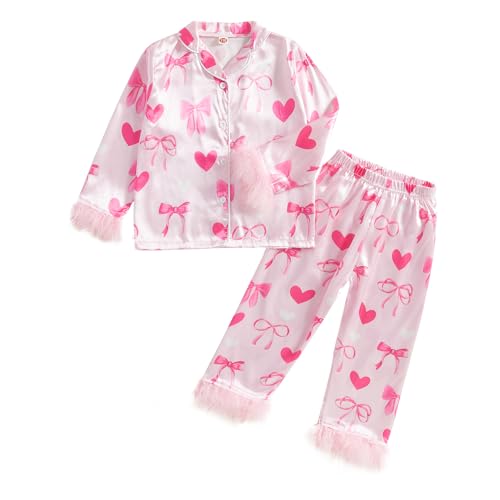 Kuriozud Toddler Kids Girl Easter Satin Silk Pajamas Little Girl Long Sleeve 2 Piece Pajama Set Summer Nightgown Pjs