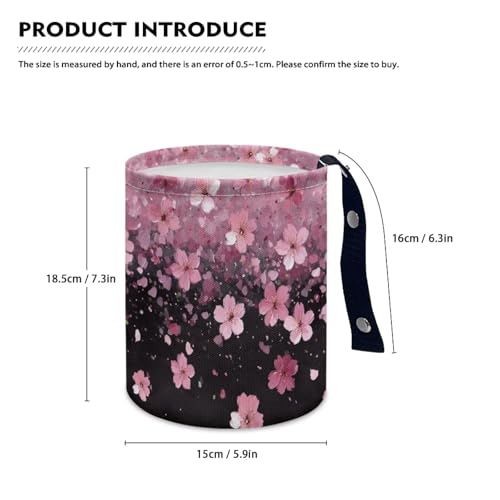 Image of Pink Cherry Blossom Print Mini Car Trash Bin with Adjustable Buttons Car Garbage Can Multipurpose Car Storage Bag Collapsible Reusable