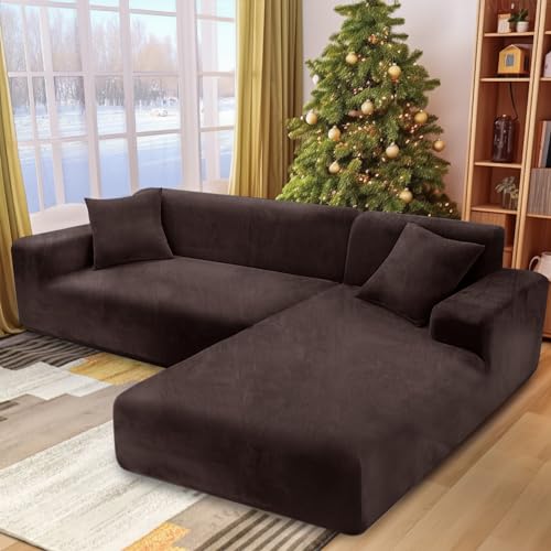 NAKIHOUSE Dicke Samt Sofa Überwürfe Sofabezug mit einem Kissenbezug, Superweicher Elastische Sofa Abdeckung in Kaffee Farbe für 1/2/3/4 Sitzer（L-förmiges Ecksofa erfordert Zwei）