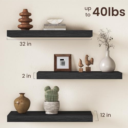 Image of 32Inch Black Floating Shelves for Wall, 12 Inch Deep Shelves for Bedroom, Kitchen, Bathroom Wall Mounted, Rustic Wood Floating Shelf with Invisible Brackets for Books, Storage, Decor, 2 Packs