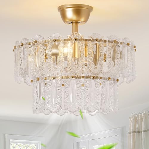 Image of Gold Crystal Fandelier Ceiling Fan with Light, 20 inch Caged Chandelier Ceiling Fan with Light Remote Control, Mid-Century Enclosed 6 Speeds for Bedroom, Nursery, Living Room, Foyer