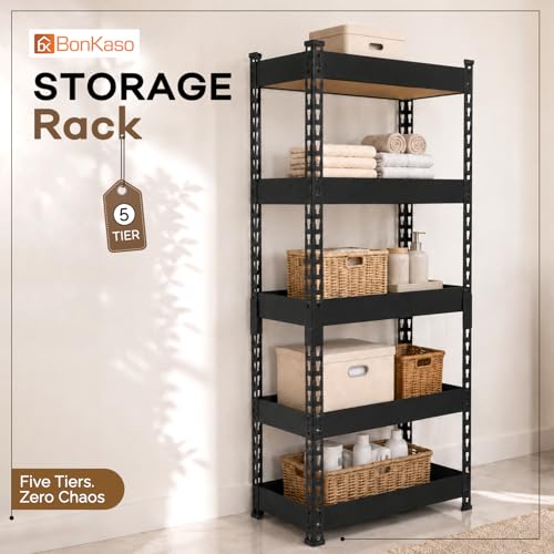 Image of Bonkaso 5 Tier Adjustable Boltless Metal Storage Rack for Home, Garage, Office & Shop | Heavy Duty Rust-Resistant Shelving Unit with MDF Wooden Shelves | Utility Display Stand, Black, (60x36x137 cm)