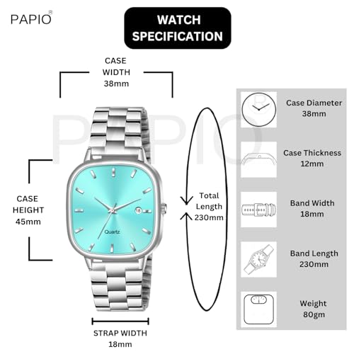 Image of PAPIO Analog Quartz Watch with Date Display | Silver Stainless Steel Strap | Square Dial Formal & Casual Wrist Watch for Men