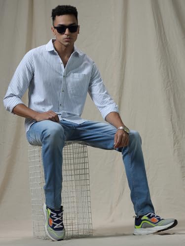 Image of WROGN Men's 100% Cotton Shirt | Striped Design | Slim Fit