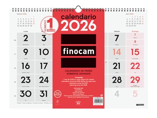 Finocam   Calendario de Pared Números Grandes 2026 Mes Vista Enero   Diciembre (12 meses) | Calendario 2026 | Planificador mensual Neutro   Español