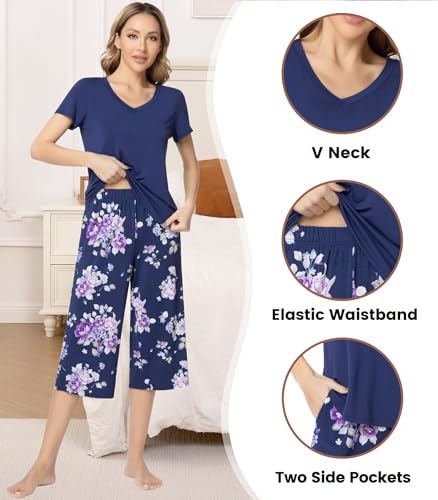 Image of NACHILA Bamboo Viscose Pajamas for Women Lace V Neck Capri Pants Pjs Set