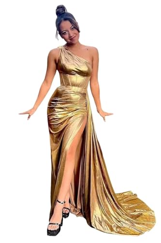 Metallic Satin Mermaid Prom Dresses Sparkly One Shoulder Bridesmaid Dress Corset Formal Evening Party Gowns with Slit