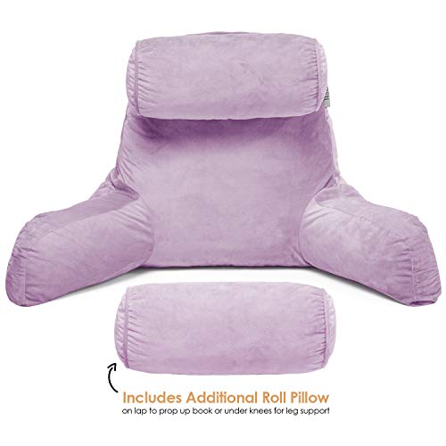 Nestl Reading Pillow, Includes 1 Extra Large Bed Rest Pillow With Arms + 2 Detachable Pillows - Premium Shredded Memory Foam Tv Pillow, Neck Roll & Lumbar Support Pillow - Set Of 3 - Lavender Purple #TOP1