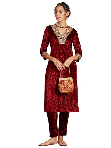 Image of Women's Velvet Floral Embroidered Straight Kurta | Round Neck Three-Quarter Sleeve Calf Length Kurti with Thread Work