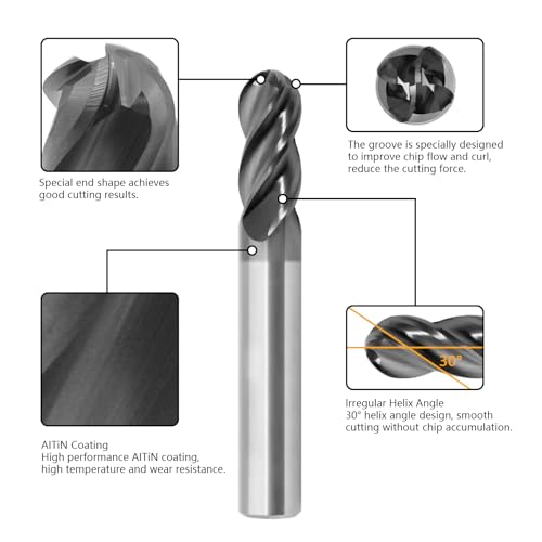 Image of 1 /8 inch Ball Nose Carbide End Mill 4Flutes Carbide Milling Cutter HRC55 CNC Router Bits with AlTiN Coated for Alloy Steel
