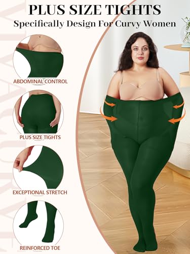 Image of Plus Size Opaque Tights for Women 240D Soft Solid Color Footed High Waist Control Top Pantyhose