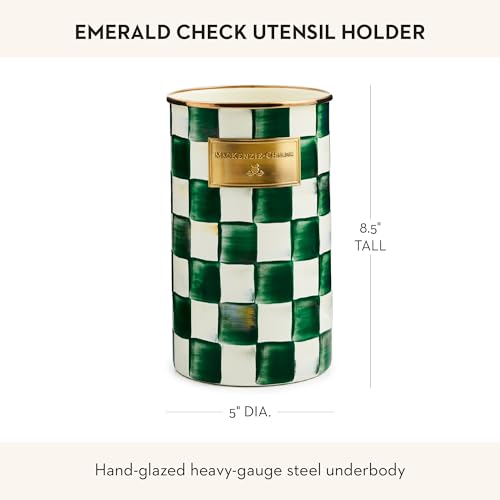MACKENZIE-CHILDS Enamel Utensil Holder, Kitchen Utensil Holder for Countertop, Green-and-White Emerald Check