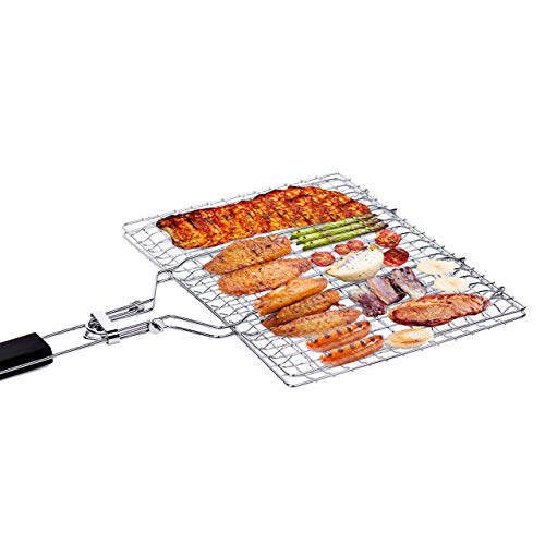 Zunbo 1Pc Griller Panier Portable pour Barbecue, Grand Grille Panier Rôti pour Poisson, Légumes, Steak, Crevettes, Saucisses avec Poignée Amovible et Sac de Transport Facile,Couleur Argent, 32 x 22cm Cover