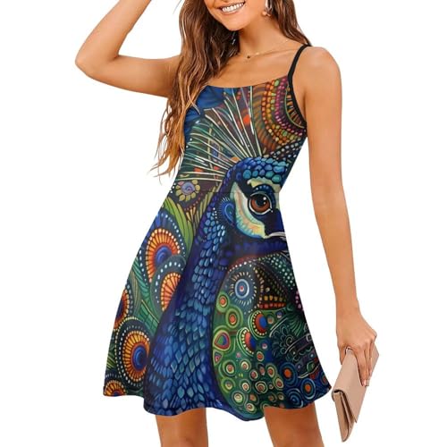 Colorful Paisley Peacock Rainbow Bird Women's Spaghetti Strap Mini Dresses Casual Sleeveless Dress Backless Beach Sundress M