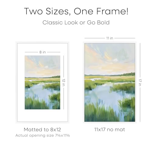 Image of Homeforia 11 x 17 Picture Frame White, High End Metal 11x17 Poster Frames with Mat 8x12 for Photo, 11 x 17 White Frame Matted to 8 x 12 inch Print, 17x11 Thin Frame, Tempered Glass, Wall Kit, Set of 2
