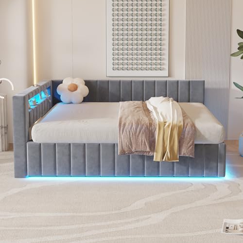 RIAZOS Polsterbett Schlafsofa 140x200, Doppelbett mit Hydraulischem Stauraum, mit LED-Licht und USB-Ladefunktion, Tagesbett Jugendbett mit Lattenrost, Samtstoff, ohne Matratze, Grau