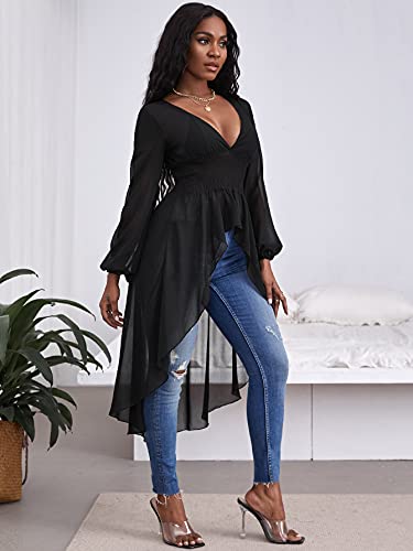 Shein Women's Plunging Neck Lantern Sleeve High Low Peplum Long Mesh Blouse Shirt Black Medium #TOP3