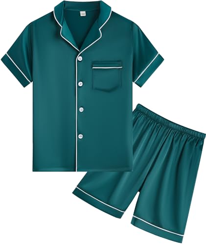 Pajama Set for Kid Boy Girl Button-up Silk Pajama Sleepwear Nightwear Loungewear Set Gifts Short Sleeve Loungewear