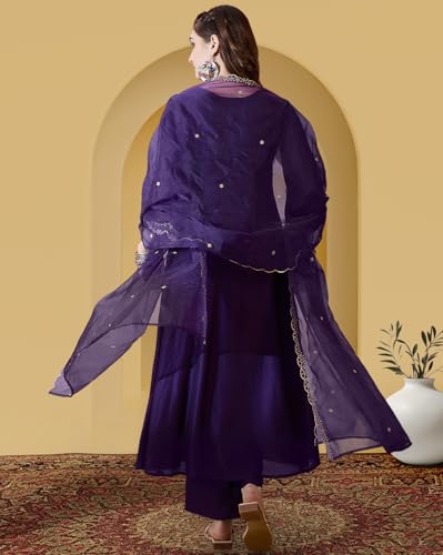 Image of Amazon Brand - Tavasya Women Vichitra Zari Sequence Embroide Kurta with Pant and Dupatta|Kurta Set|Ethnic Wear|Salwar Suit|3 Piece Set