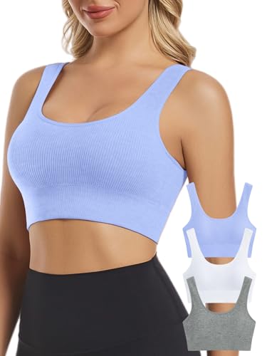 Image of Chilylori Seamless Sports Bras for Women Pack of 3 Ribbed Sports Bra Workout Tops Cropped Tank Top Comfort Padded Yoga