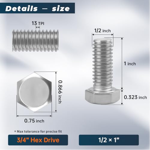 Image of 6 Sets Glvaner 1 /2-13 x 1 Stainless Steel Hex Head Screws Bolts, Nuts, Flat & Lock Washers, 18-8 (304) Stainless Steel, Full Thread, Coarse Thread