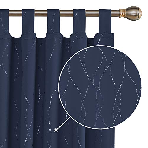 Deconovo Cortina Opaca para Habitación Matrimonio de Línas Plateadas Estilo Moderno Elegante con Trabillas 2 Piezas 140 x 175 cm Azul Marino