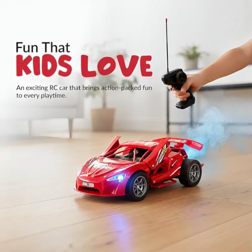 Image of Umadiya Storm RC Racing Car for Kids with 27MHz Remote, Smoke Effect, LED Headlights, Metal Look Body, Opening Doors, Rechargeable Battery, Type-C Charging High Speed Toy Car (Red)