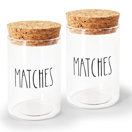 Set of 2 Farmhouse Match Holder with Strikers and Cork Lid, Glass Cute Match Jar for Home Decor, Matches Not Included (3.1 inch x 1.8 inch)