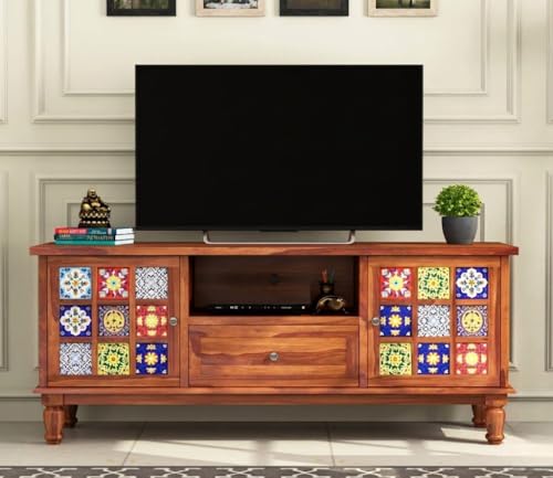 Image of Solid Wood TV Unit for Living Room 55 Inch Furniture - Wooden TV Unit with Storage Cabinet with 1 Drawr, 3 Shelves Wooden TV Cabinet for Living Room - Fits up to 55-Inch TV (Weston)