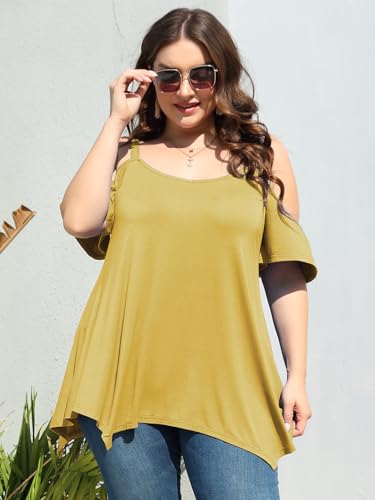 Image of LARACE Cold Shoulder Tops for Womens Summer Clothes Spaghetti Strape Tunic Oversized Shirts Asymmetrical Plus Size Blouse