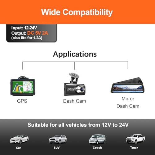 Range Tour Dash Camera Car Charger, Mini USB and Micro USB Interfaces, L-Type Driving Recorders Power Cord Universal Car Adapter Power Cord 3.5m/11.5ft 12V/24V to DC5V 2A(L Interface)