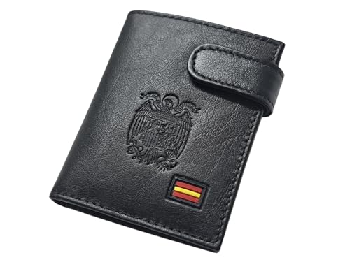 Tiendas LGP - Cartera Billetero Tarjetero Monedero, para Hombre de Color Negro, Escudo Aguila de San Juan, con Detalle de Bandera de España, Piel de Vacuno, Fabricada en España, Vertical