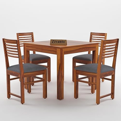 Image of Sheesham Wood Dining Table 4 Seater | Square Four Seater Dinning Table with 4 Grey Cushion Chairs for Home | Wooden Kitchen Dinner Table 4 Seater | Dining Room Sets for Restaurants | Teak