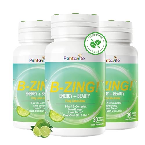 Pentavite B-ZING Daily Energy Supplements, 9-in-1 Fizzy Lime Chew, Vitamin B Complex (8 B Vitamins)...