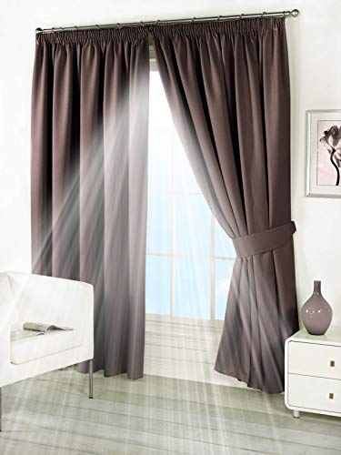 Pair of Chocolate Brown 46 Width x 54 Drop, Supersoft Thermal Blackout Pencil Pleat Tape Top Curtains Readymade Bedroom Curtain Inc FREE Pair of Tie Backs, 'Winter Warm but Summer Cool' by VICEROYBEDDING