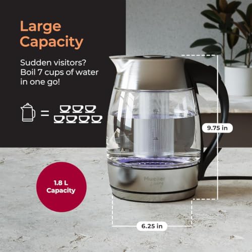 Image of Mueller Living 1.8L Electric Glass Kettle with Smart Handle LED Display | Automatic Shutoff | Cordless | Borosilicate Glass | BPA Free