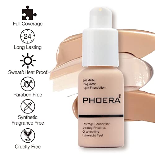 Phoera® Full Coverage Foundation Soft Matte Oil Control Concealer 30Ml Flawless Cream Smooth Long Lasting (103 Warm Peach) #TOP5