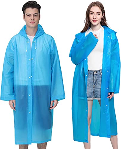 GUKOY Regenponchos für Erwachsene, wiederverwendbar, 2er-Pack, Regenmäntel Notfall für Frauen Männer mit Kapuze und Kordelzug, blau+blau
