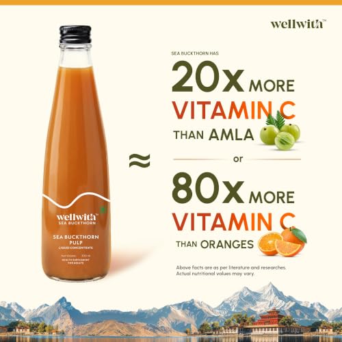 Image of Wellwith by Ayuzera Himalayan Sea Buckthorn Pulp 300ml | Cold Pressed Seabuckthorn Juice | Rich in Vitamin C, Omega 3 6 7 9 & Antioxidants | Supports Immunity, Skin & Gut Health