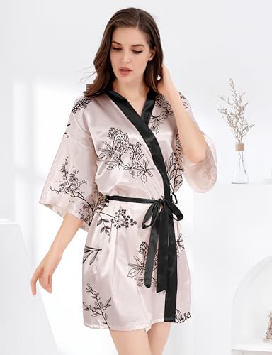 Image of MORFORU Women Bride Bridesmaid Silky Satin Kimono Robe Solid Color Sleepwear for Wedding Party Getting Ready, Short