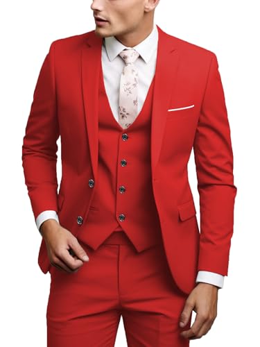 UNINUKOO Men Suits Slim Fit Dress 3 Piece 2 Button Wedding Formal Business Tuxedo Suit Jacket Pants Vest Set US Size XL Red